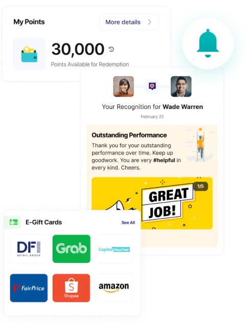 Employee recognition and engagement dashboard showing points balance, reward redemption, and recognition notifications